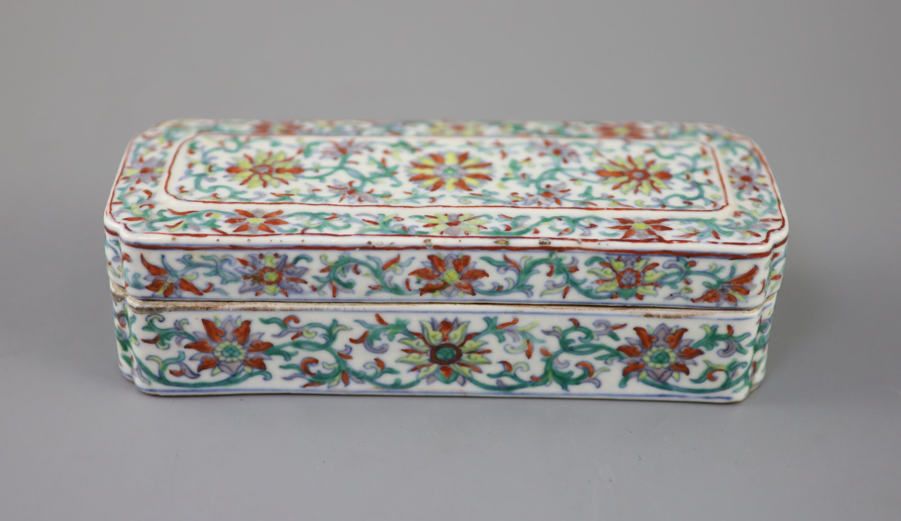 A unusual Chinese doucai scribes box, Qing dynasty, 18cm long